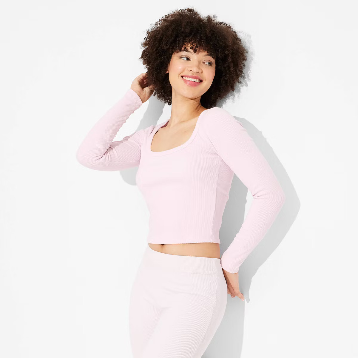 Women's Long Sleeve Square Neck Ribbed Shirt - Wild Fable™ Light Pink XL | Target