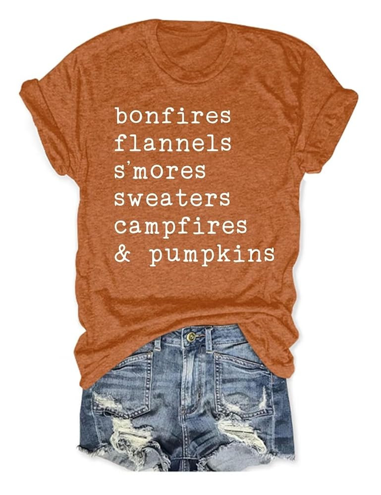 Bonfires Flannels S'Mores Sweaters Campfires Pumpkins Halloween T-Shirt Women Fun Quotes Casual S... | Amazon (US)