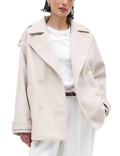 Majdan Women's Double Breasted Short Peacoat Winter Wool Blend Coat Oversized Jacket with Pockets (Beige-XS) | Amazon (US)