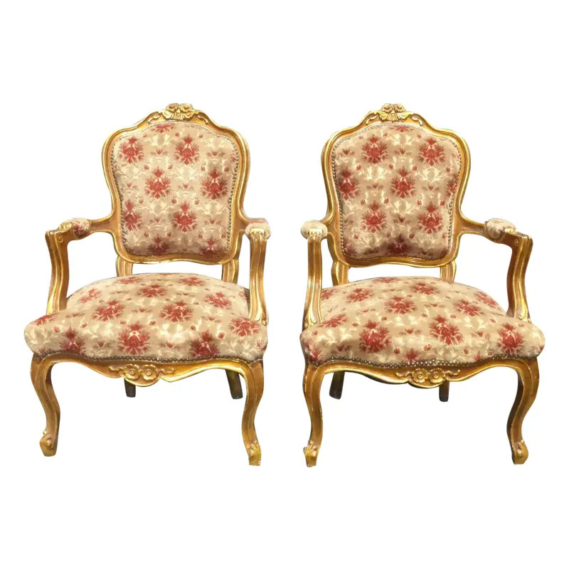 Vintage French Rococo Louis XV Gold Orange Velvet Arm Chairs - Pair - a Pair | Chairish