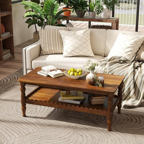 KEIKI 100% Solid Oak Wood Coffee Table for Living Room, Farmhouse Modern Tables with Storage Shel... | Amazon (US)