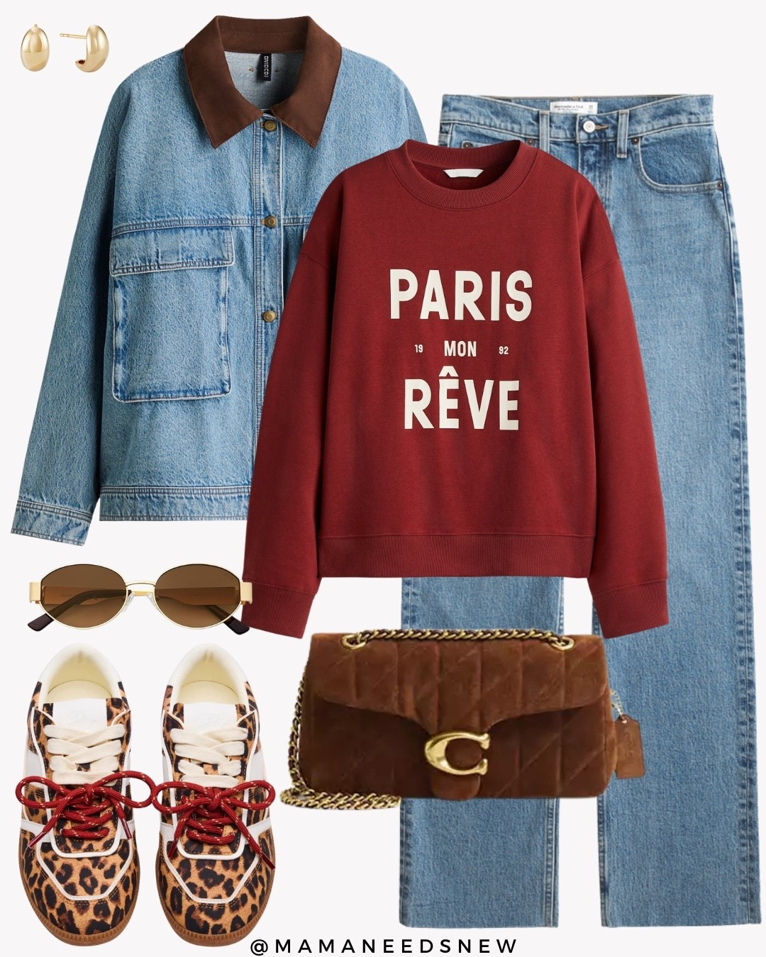 A fall outfit with a denim jacket, sweatshirt, jeans, leopard sneakers, suede bag 🍂

#LTKStyleTip #LTKSaleAlert #LTKShoeCrush