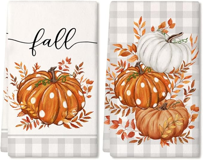 ARKENY Fall Kitchen Towels Set of 2,Orange Pumpkin Grey Buffalo Check Autumn Dish Towels 18x26 In... | Amazon (US)