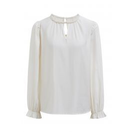 Pearl Neck V-Shape Cutout Top in Cream | Chicwish
