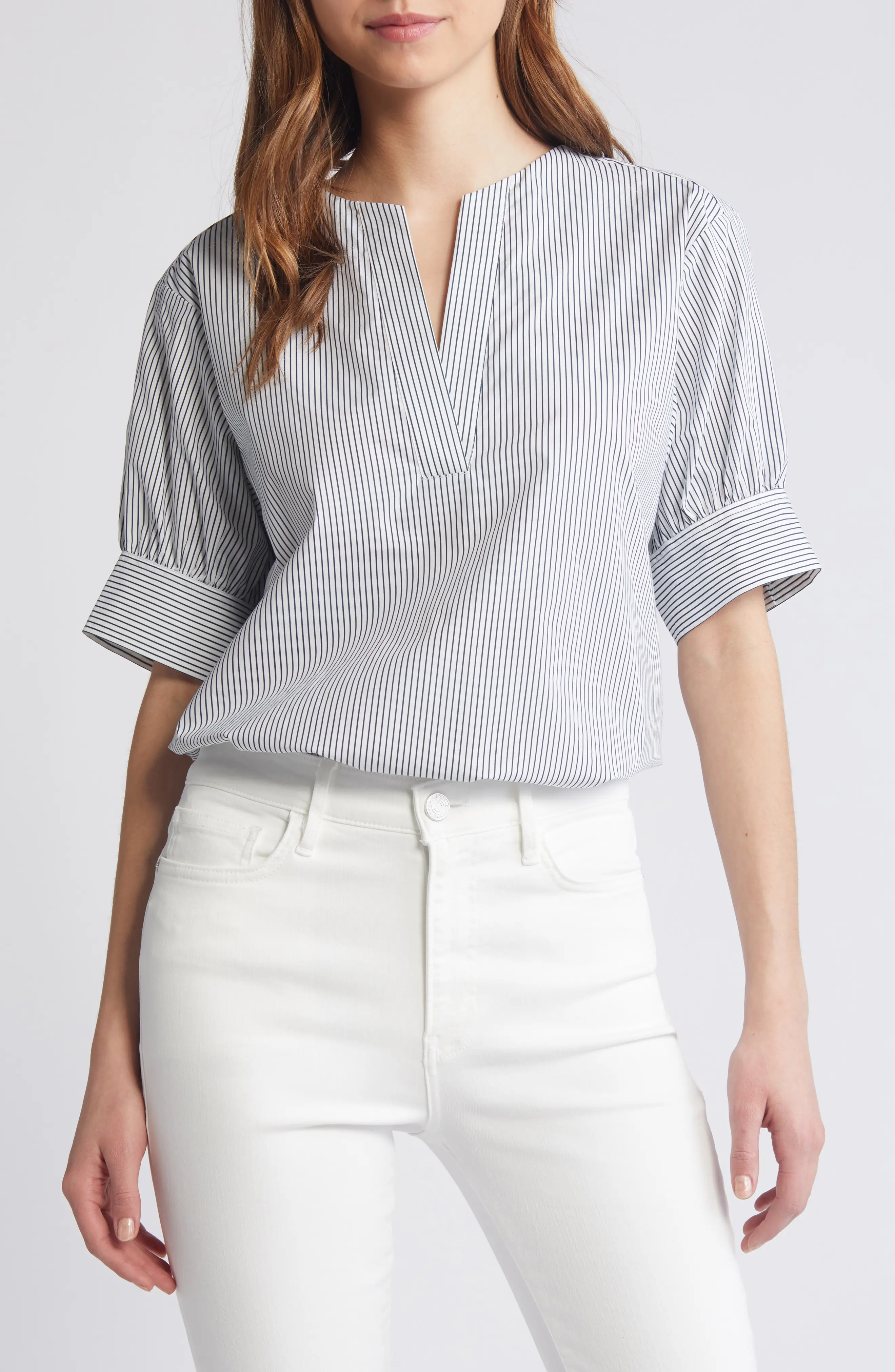 Stripe Split Neck Organic Cotton Popover Top (Women) | Nordstrom | Nordstrom