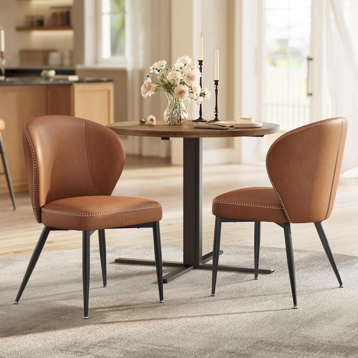 VASAGLE EKHO Collection - Dining Chairs Set of 2, Upholstered Kitchen Chairs, Comfortable Seat, Synthetic Leather with Stitching, Mid-Century Modern, Easy Assembly, Living Room Lounge, Caramel Brown | Amazon (US)