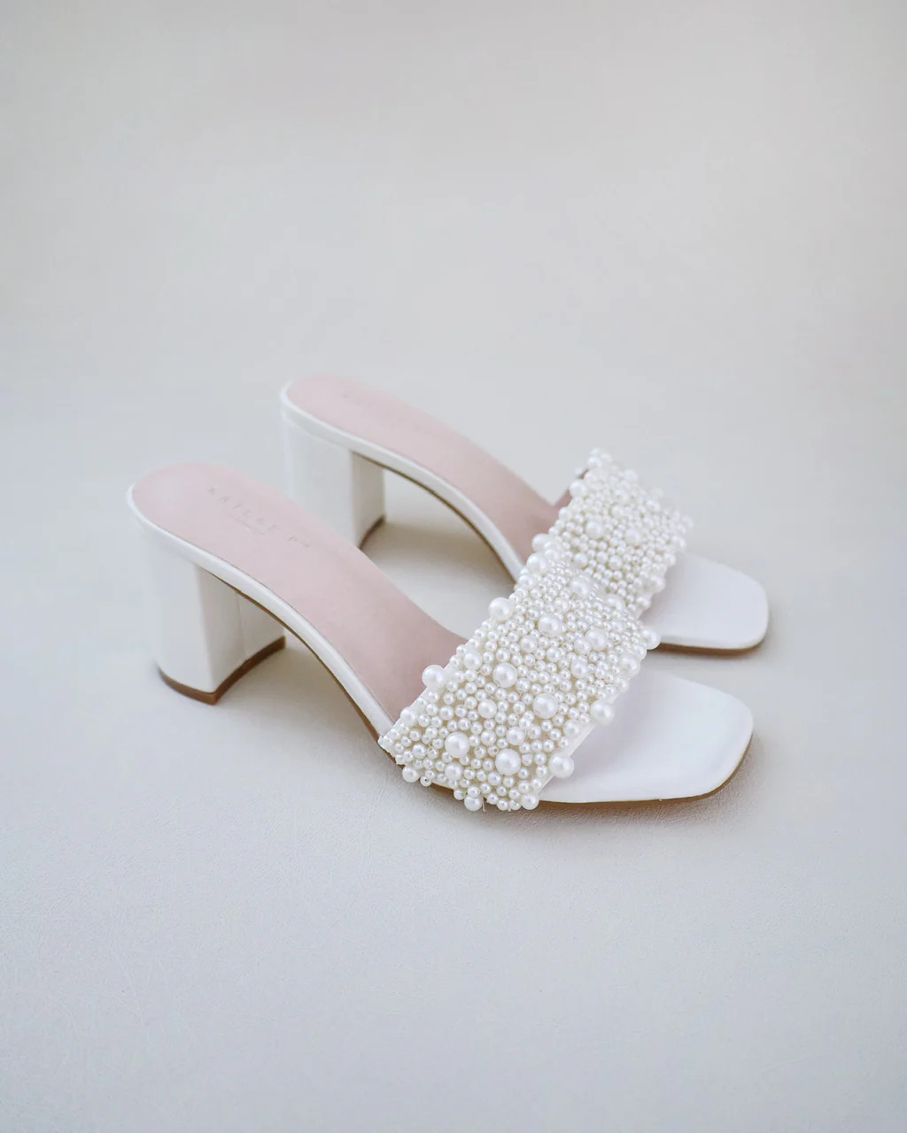 Satin Block Heels Slide Wedding Sandals with Perla Applique | Kailee P.