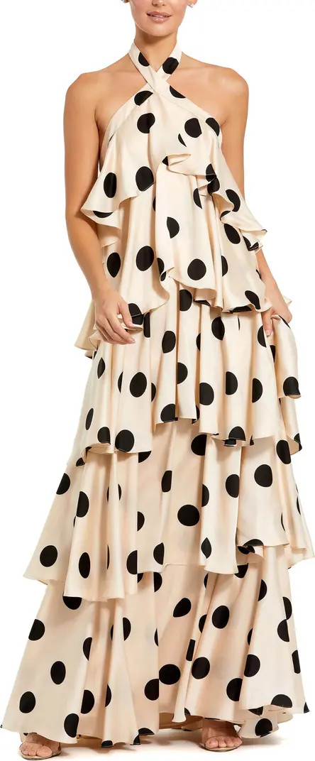 Polka Dot Charmeuse Halter Tiered Ruffle Gown | Nordstrom