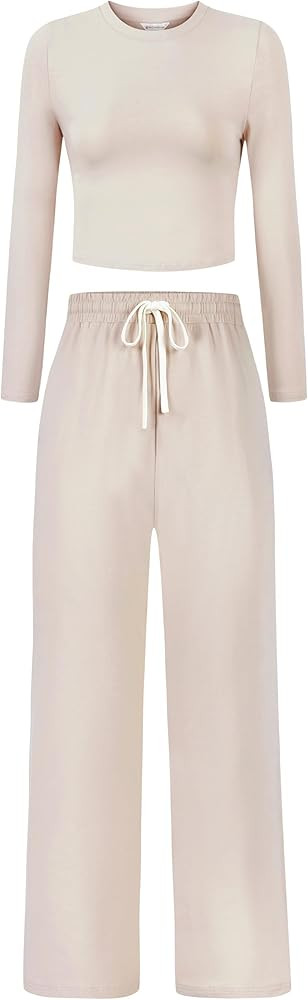 Women's 2 Piece Lounge Sets Cotton Long Sleeve Crop T Shirt Straight Leg Pants Set Casual Outfits... | Amazon (US)