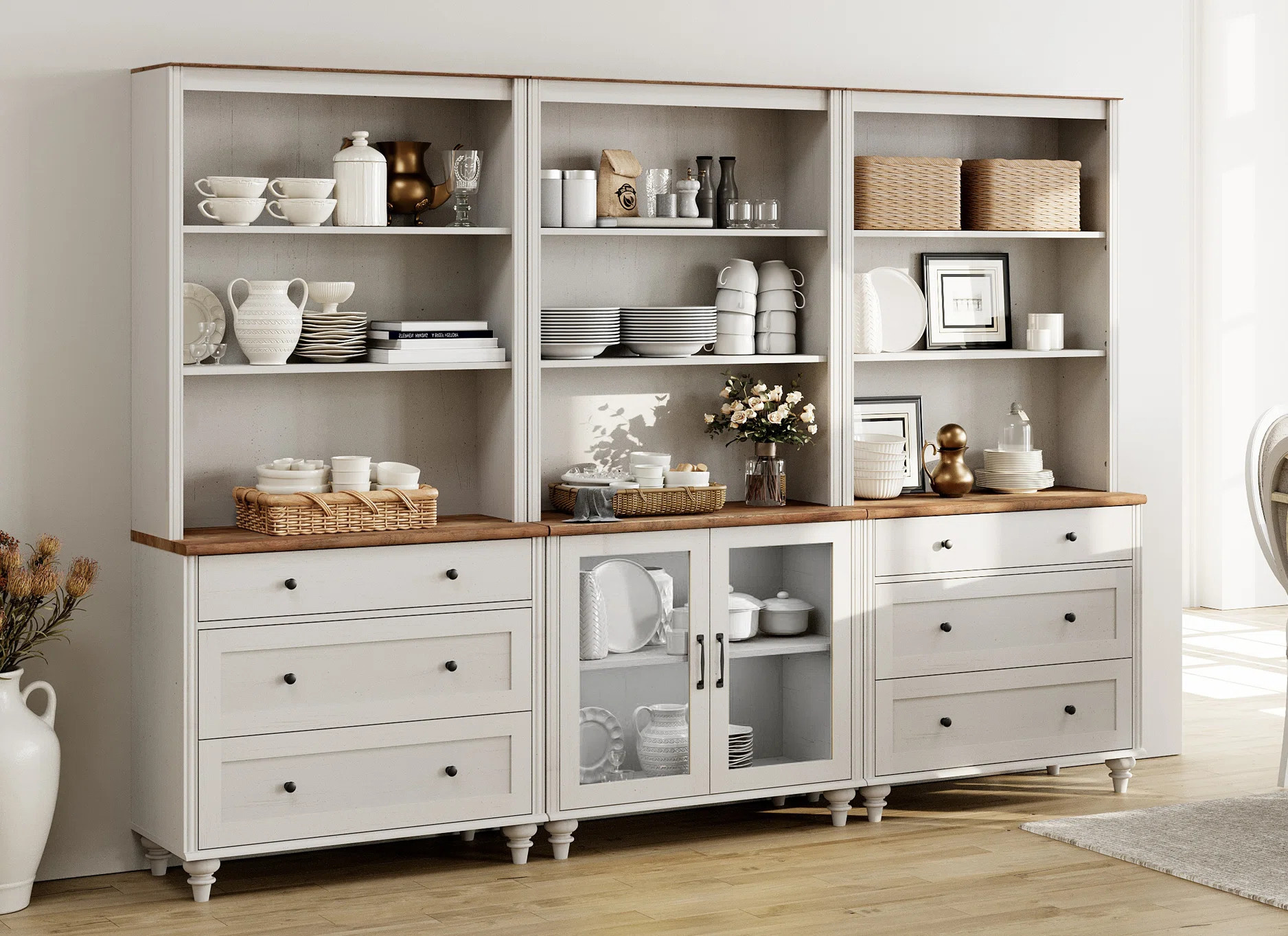 101'' Pantry Cabinet With Bar Hutch, Dining Hutch With 2 Glass Doors, 6 Drawers And 3 Tier Shelves For Kitchen, Home Decor, Living Room, Home Office, | Wayfair North America