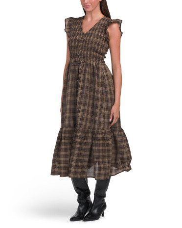 Plaid Smocked V-neck Faux Button Ruffled Midi Dress | TJ Maxx