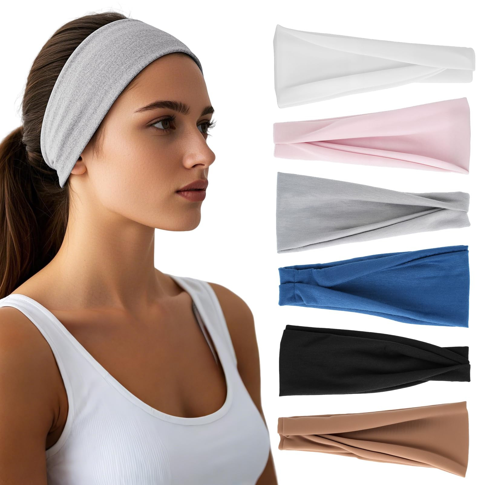 Headbands for Women - 6 Pack Wide Elastic Hair Bands | Stretchy Sweatbands Hair Bands | Soft Spor... | Amazon (US)