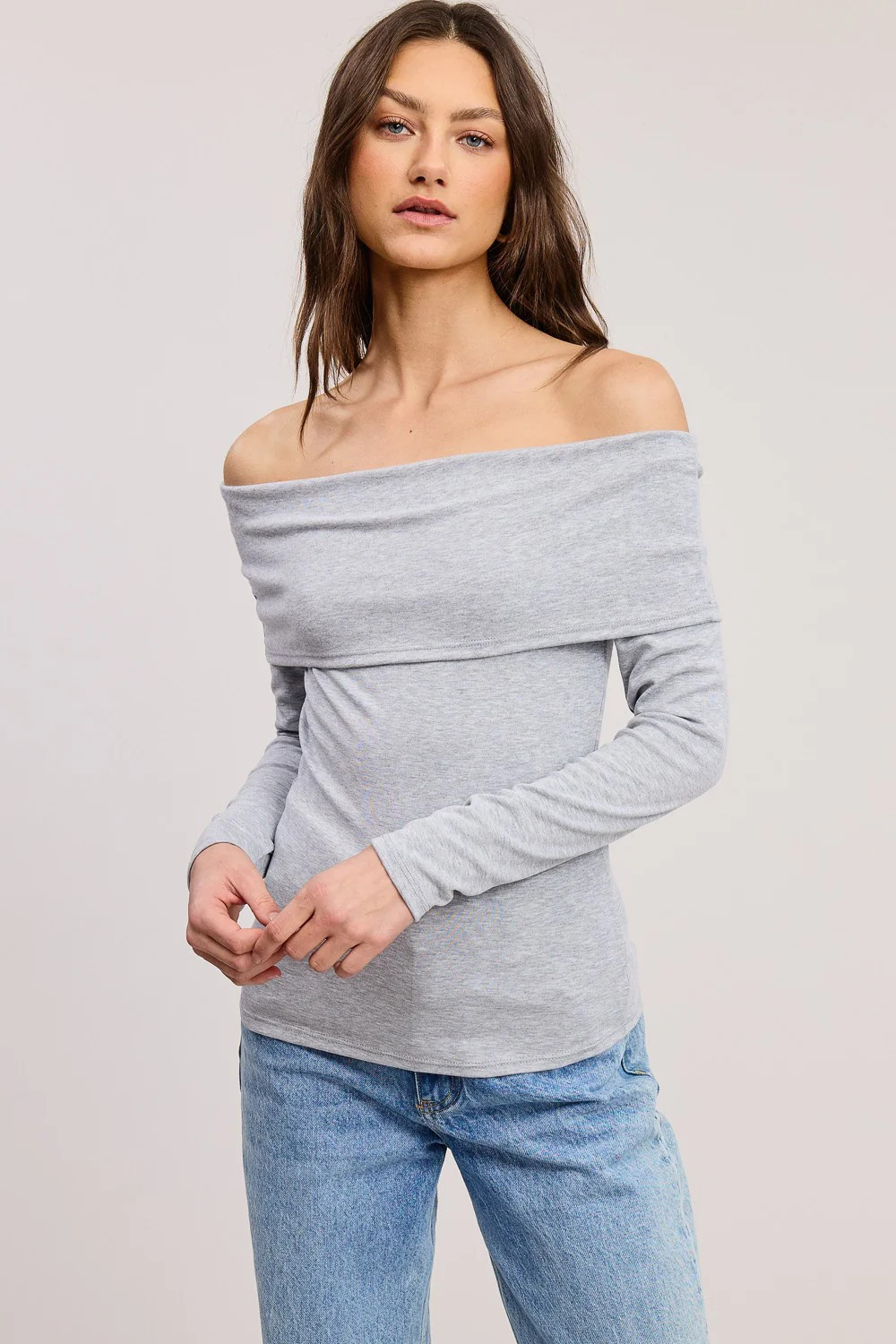 Heather Grey Off Shoulder Foldover Long Sleeve Top | PinkBlush Maternity