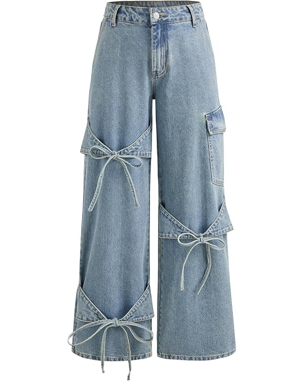 CIDER Baggy Jeans for Women Low Waisted Wide Straight Leg Bow Jeans Denim Pants | Amazon (US)