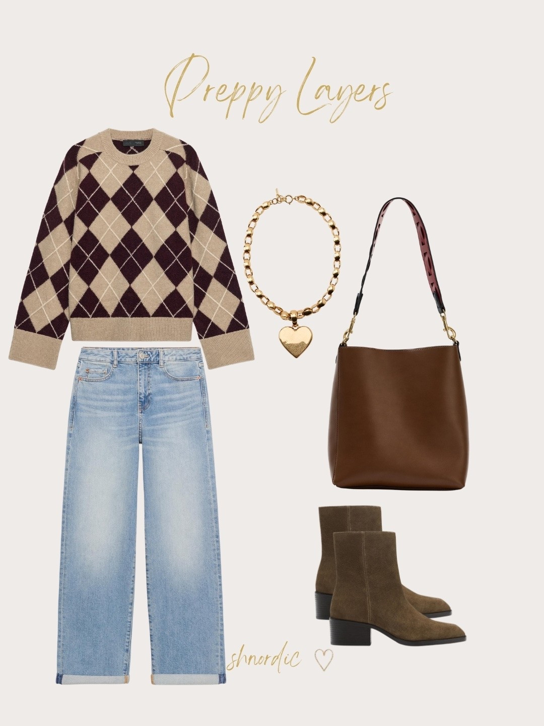 Preppy autumn outfit from Zara new in. This soft argyle knit jumper looks great with Z1975 relaxed turn-up mid-blue jeans and split suede ankle boots. Finish with a dark tan Zara bucket bag. It's an easy smart casual autumn look for work or weekends. Shop every piece below.