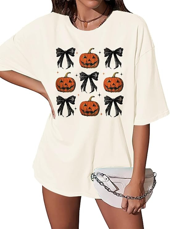 Halloween Pumpkin Shirt Women Oversized Bow Pumpkin Shirts Coquette Aesthetic Tee Halloween Short... | Amazon (US)
