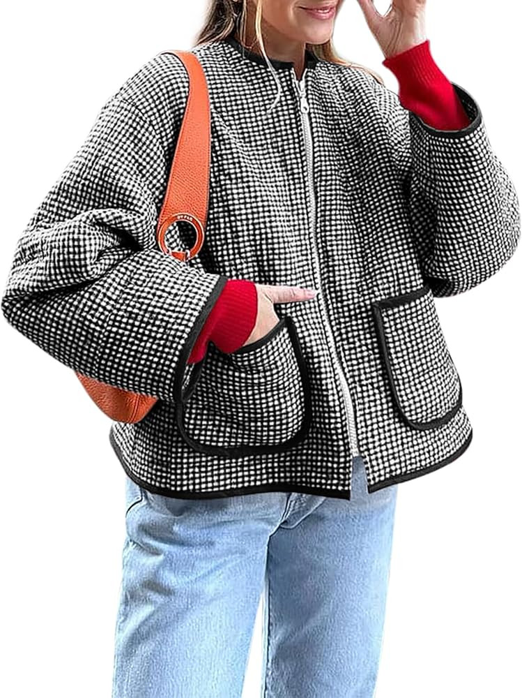 Yousify Womens Jackets Fall Fashion 2024 Crew Neck Quilted Plaid Jacket Full Zipper Coats S-2XL | Amazon (US)