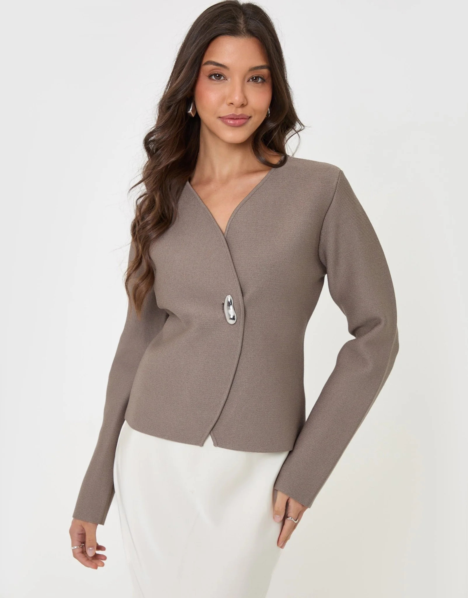 Metallic Button V-Neck Cardigan in Mink Brown | Threadbare UK