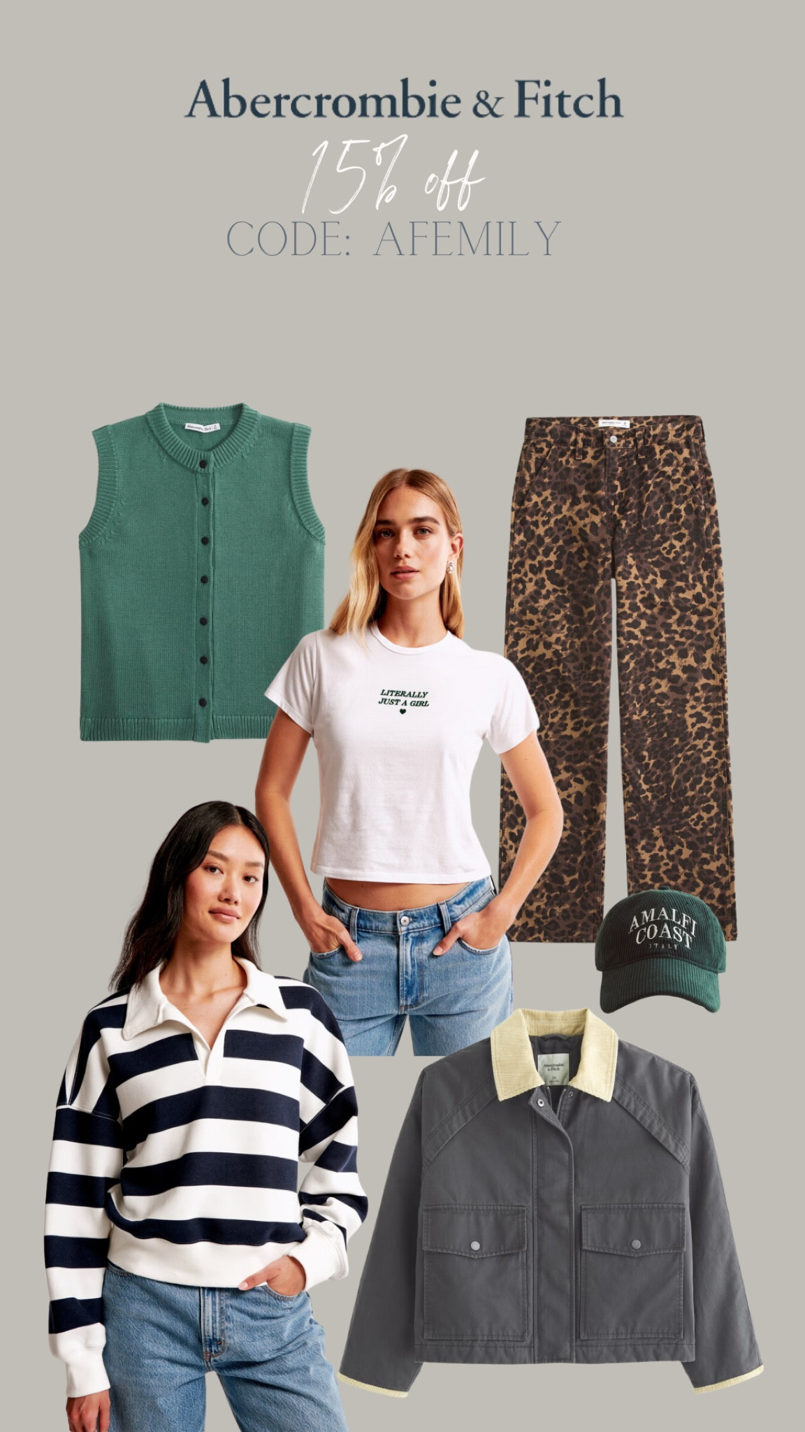 Abercrombie & Fitch edit 
25% off ALL jeans and 15% off everything else and then use my code: AFMEMILY for a further 15% off 
Valid: 23.08.24 - 26.08.24

Everyday outfit edit, casual edit, leopard jeans, rugby style shirt, slogan t-shirt 

#LTKeurope #LTKuk #LTKsale