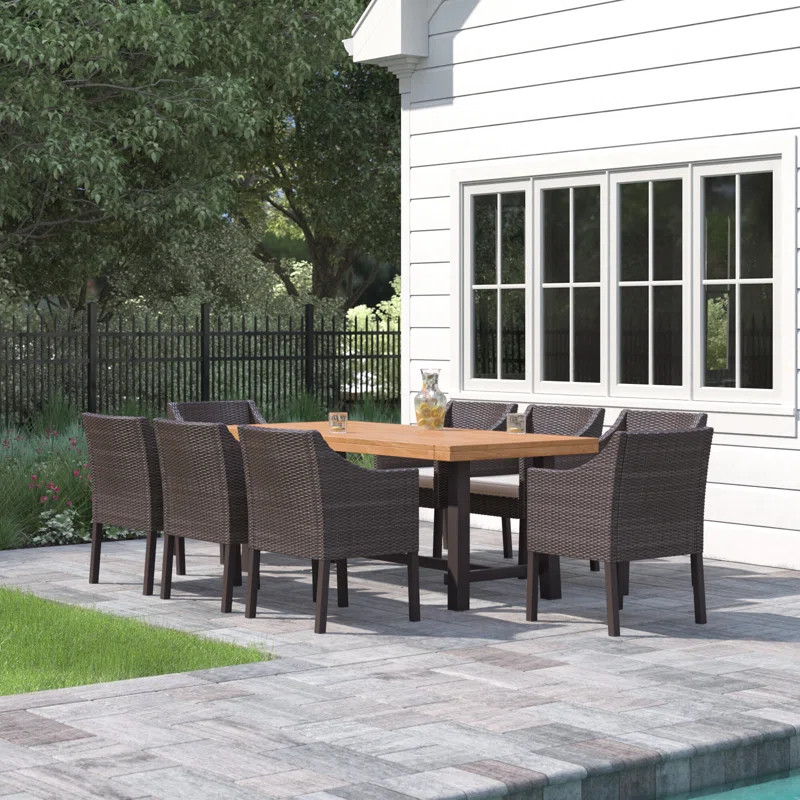 Alontae 8-Person Acacia Wood and Wicker Patio Dining Set with Cushions | Wayfair North America