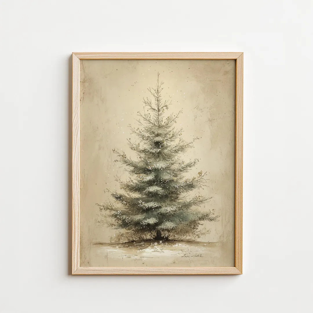 Vintage Christmas Tree, Winter Christmas Watercolor Muted Evergreen, Neutral Farmhouse Moody Prin... | Etsy (US)