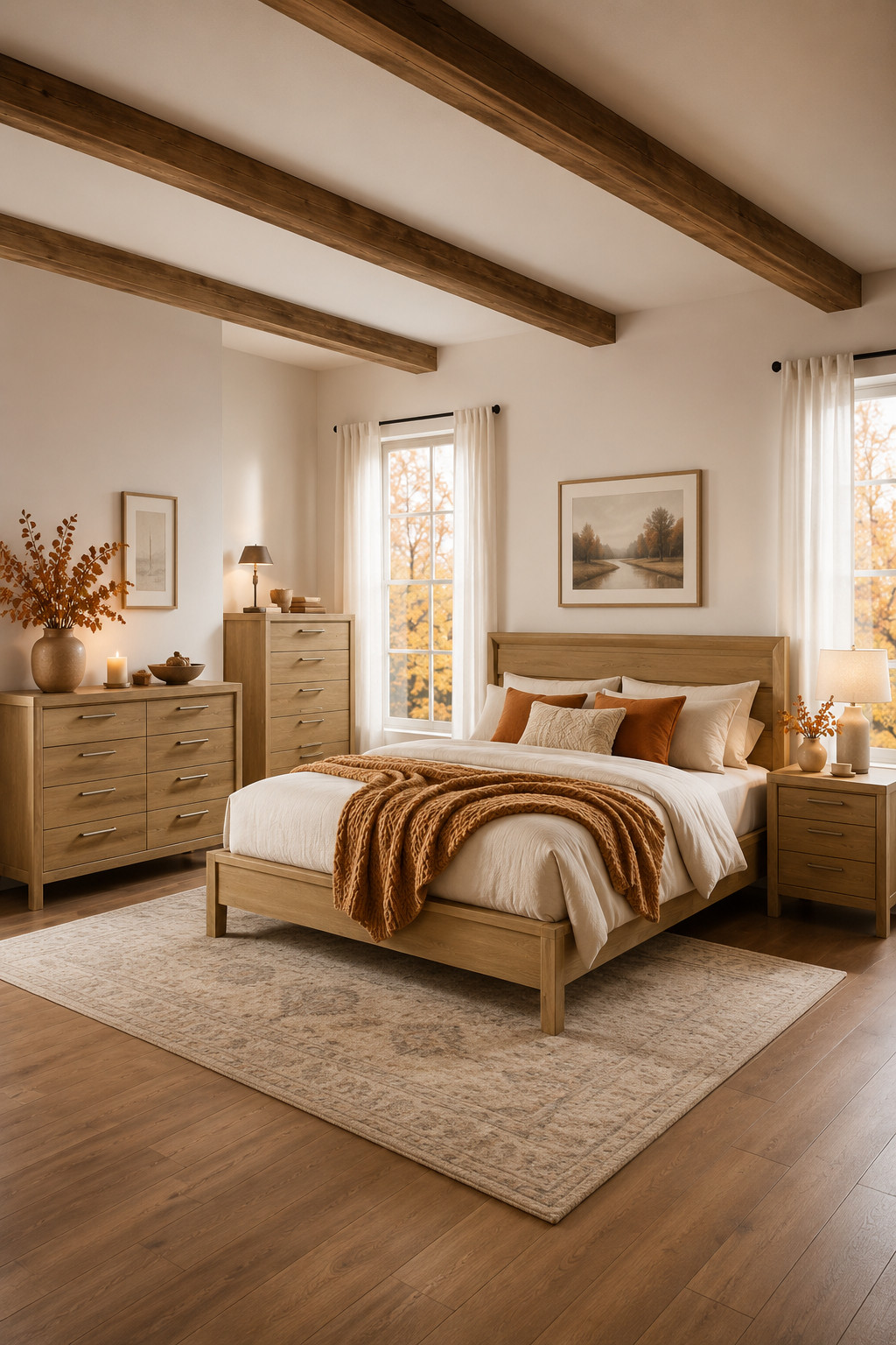 This Wayfair bedroom set is giving the prettiest cozy fall refresh 🍂 I love the warm natural wood finish, clean panel bed, matching nightstand, dresser, and chest—it makes the whole room feel so pulled together without looking too heavy. Styled with creamy bedding, rust-toned pillows, a chunky knit throw, and just a little fall foliage, it feels warm, calm, and super inviting. Such a good bedroom upgrade to grab during the Labor Day deals.

#WayfairFinds #WayfairSale #LaborDayDeals #LaborDaySale #FallBedroom #FallBedroomRefresh #BedroomSet #BedroomFurniture #CozyBedroom #BedroomInspo #FallHomeDecor #MinimalFallDecor #WarmNeutralHome #ModernRusticBedroom #CozyHome #AutumnBedroom #HomeRefresh #WayfairDeals #LTKHome #HomeInspo 

 #LTKSeasonal #LTKHome #LTKSaleAlert