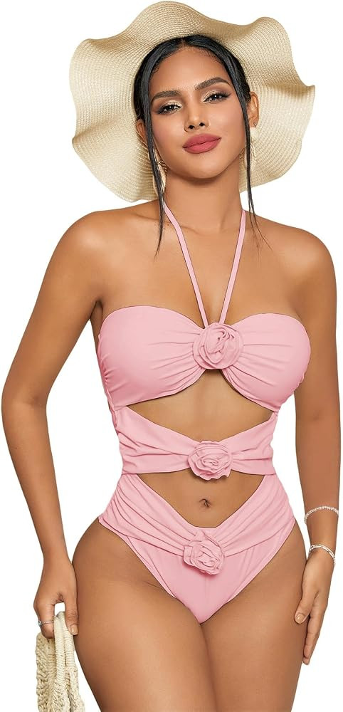 Women's Halter Neck 3D Flower Decoration Sexy One-Piece Cut Out Swimsuit Bathing Suit | Amazon (US)