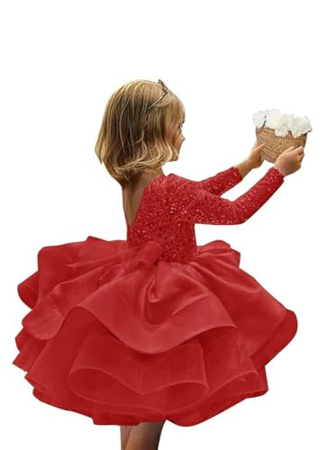 KBWOV Toddler Flower Girl Dresses for Wedding Long Sleeve Sparkly Christmas Dresses for Toddler Girls 2025 Red 2 | Amazon (US)