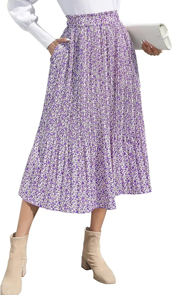EXLURA Womens High Waist Polka Dot Pleated Skirt Midi Swing Skirt with Pockets | Amazon (US)