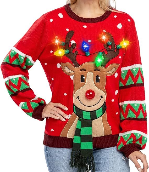 Womens LED Light Up Reindeer Ugly Christmas Sweater Built-in Light Bulbs | Amazon (US)