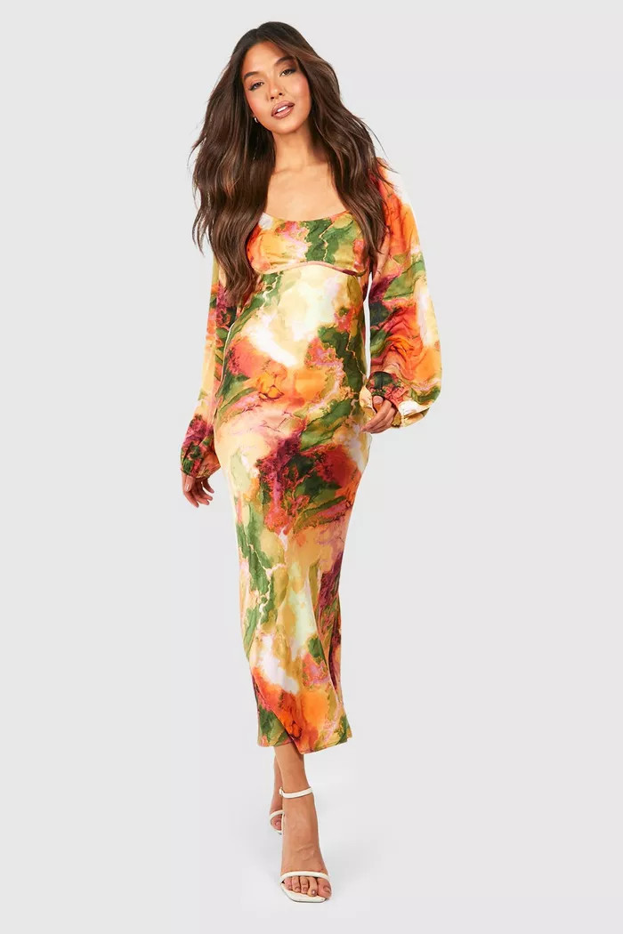 Marble Print Blouson Sleeve Midi Dress | boohoo (US & Canada)