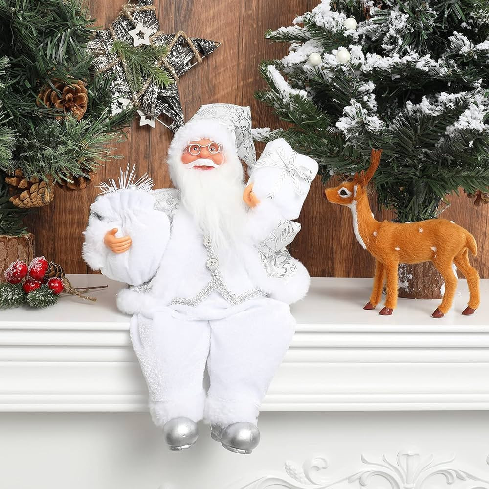 AnyDesign Christmas Sitting Santa Hand Crafted White Silver Coat Santa Claus Figurines Doll with ... | Amazon (US)