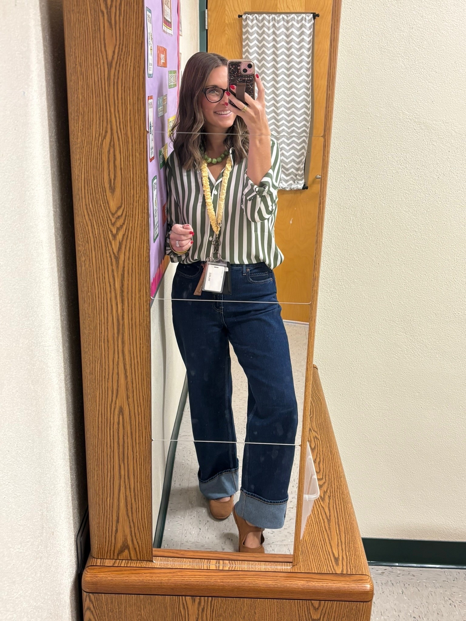 Teacher outfit idea!! 💚 Striped button-down, wide-leg denim, Mary Janes + the perfect pop of color!

#LTKootd #LTKSeasonal #LTKSaleAlert