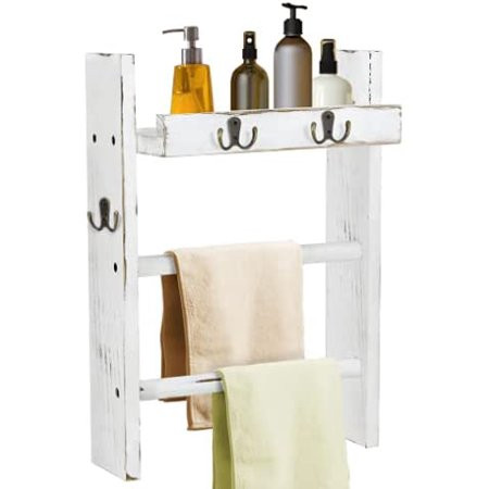 Wood Wall-Hanging Hand Towel Ladder Bathroom Towel Rack With 3 Double Hooks Wall Hanging Hand Towel  | Walmart (US)