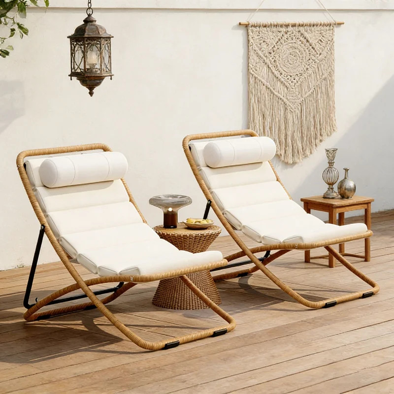 2-Pieces Outdoor Folding Chair, Rattan-Wrapped Patio Chair with Adjustable Backrest, Thick Cushio... | Wayfair North America