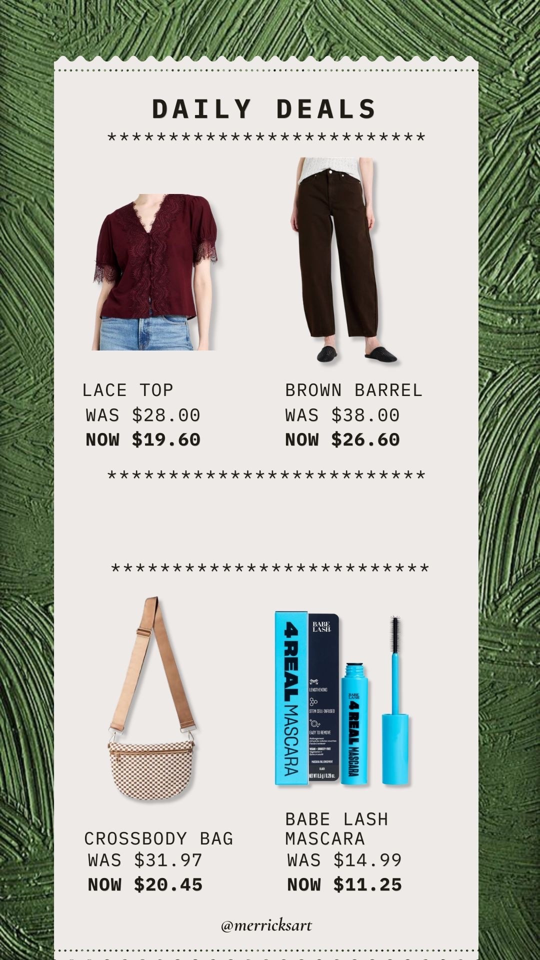 Daily deals!! This perfect lace top for fall transition, these brown barrel pants, one of my favorite crossbody bags, and the BEST mascara! 🤎

#LTKSeasonal #LTKSaleAlert