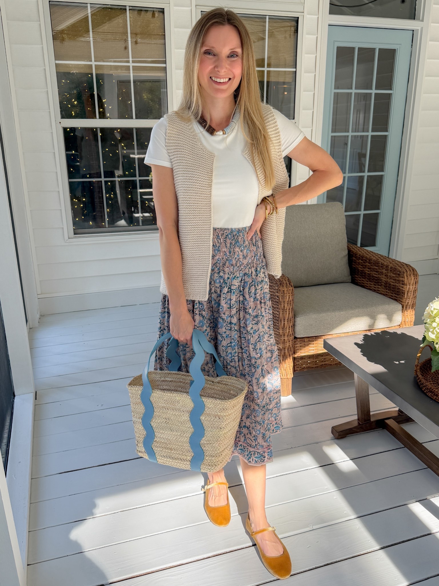 The perfect block print midi skirt for fall paired with velvet ballet flats, a classic white tshirt and vest 

#LTKSeasonal #LTKootd #LTKFindsUnder100