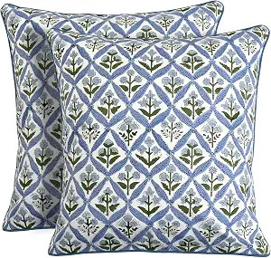 Block Print Light Steel Blue Pillow Cover 20" x 20" (Pack of 2) Decorative Couch Pillows for Livi... | Amazon (US)