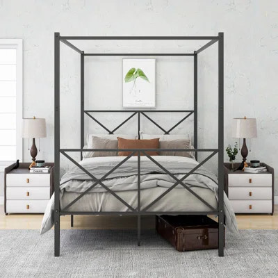 Metal Canopy Bed Frame, Platform Bed Frame With X Shaped Frame Full Black | Wayfair North America