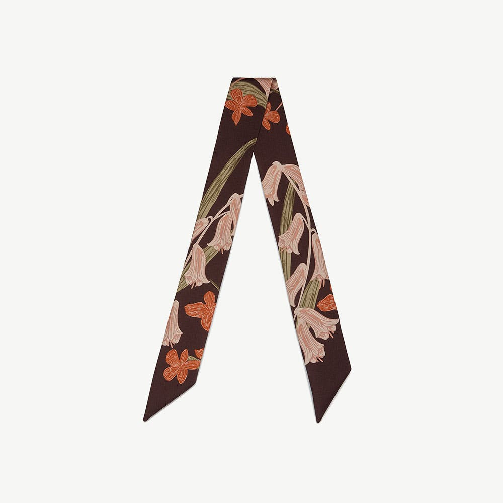 Silk Skinny Scarf - Burgundy/Pink Bluebell Floral | Strathberry