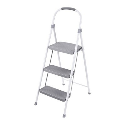 Rubbermaid 3 Step Folding Ladder Steel Step Stool with Rubber-Padded Feet, Locking Mechanism and Hand Grip, White | Target