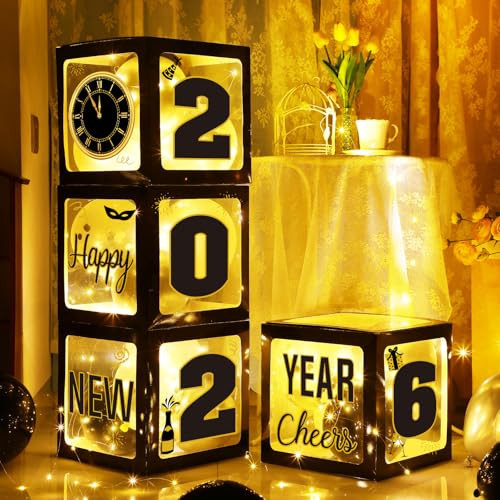 54Pcs Happy New Year Party Decorations 2026 Includes Black and Gold White Balloons 4Pcs Boxes Letters Numbers for New Years Eve Night Birthday Party Supplies | Amazon (US)