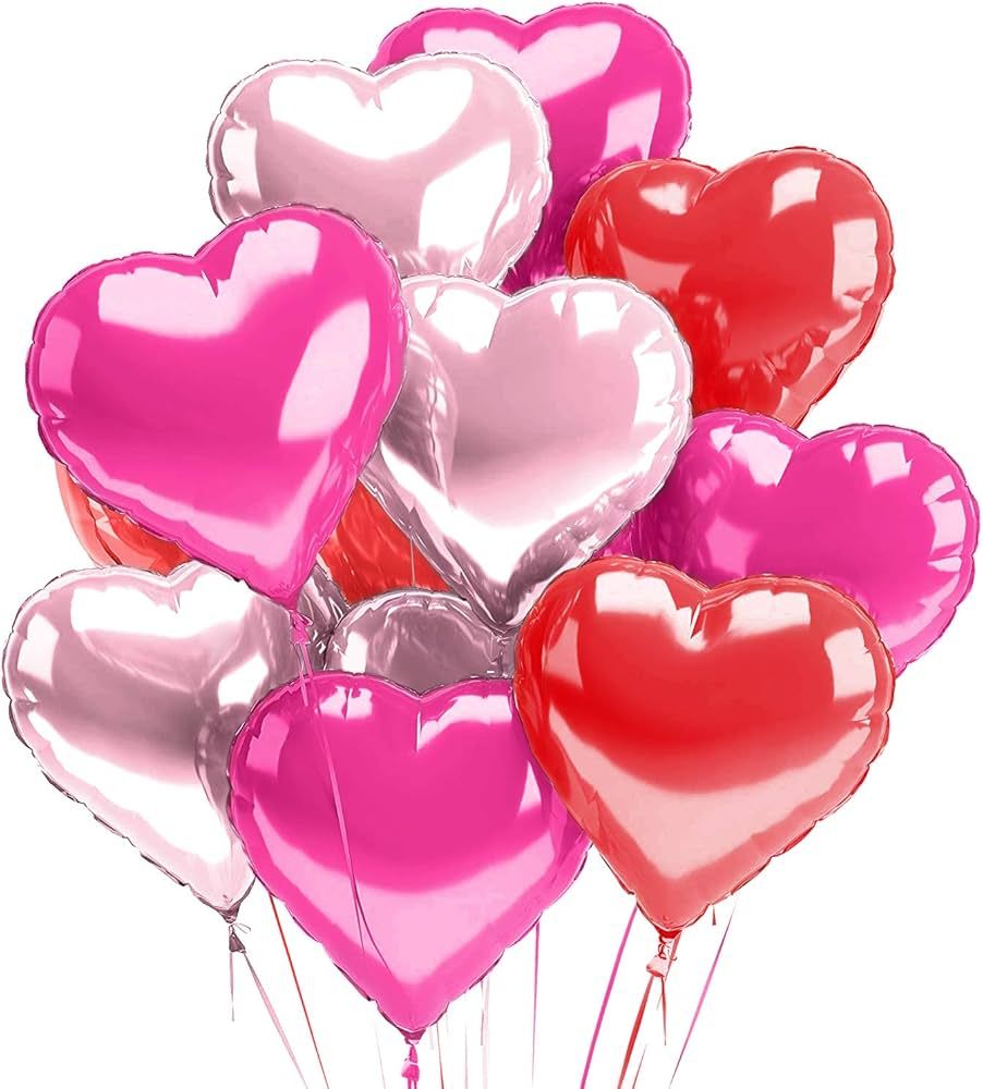 Hot Pink Heart Balloons 15 Pack - Valentines Day Heart Shaped Balloons - Mylar Pink Red Rose Gold... | Amazon (US)