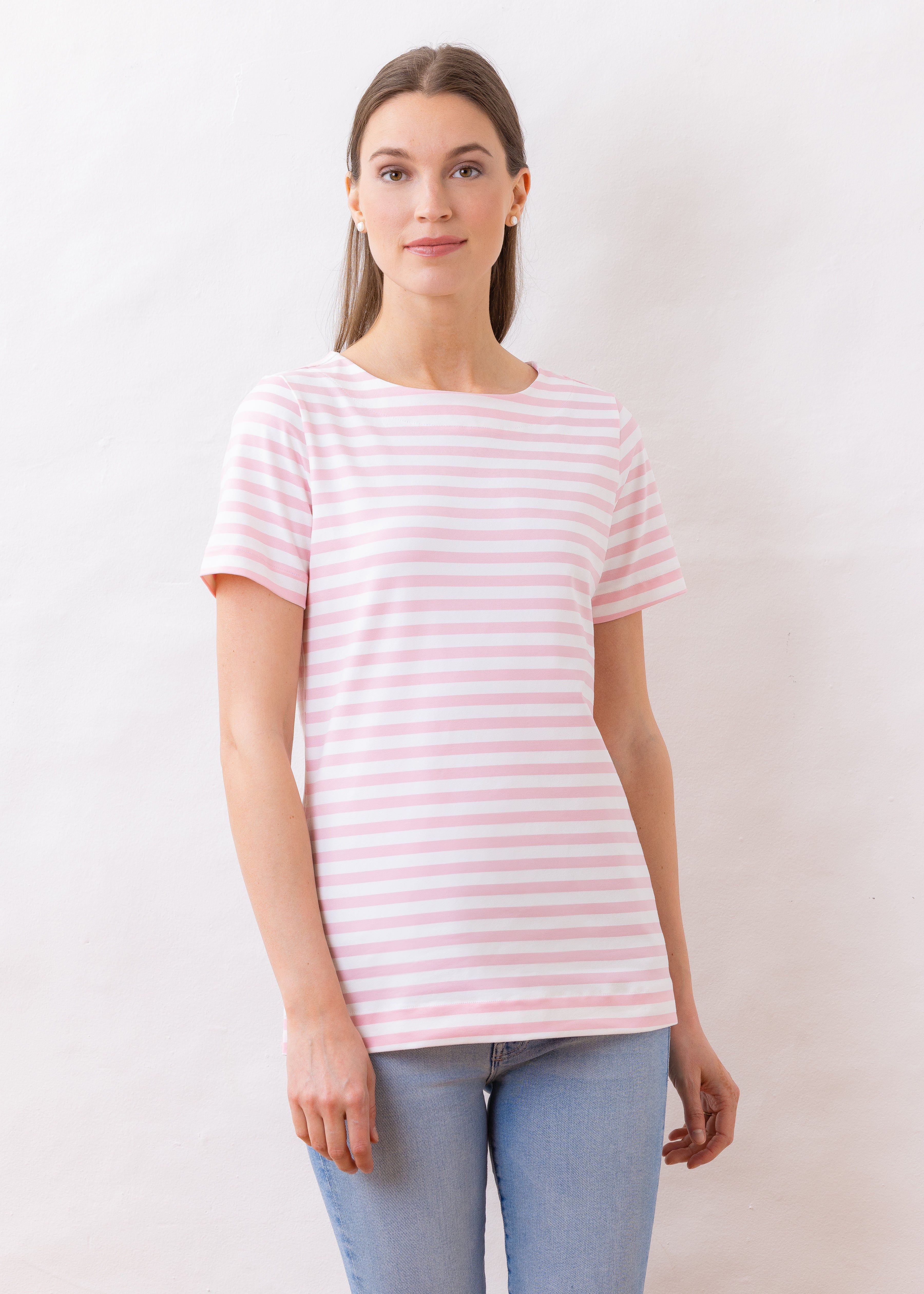 Devon Tee in Repreve® Striped Jersey (Pink / White) | Dudley Stephens