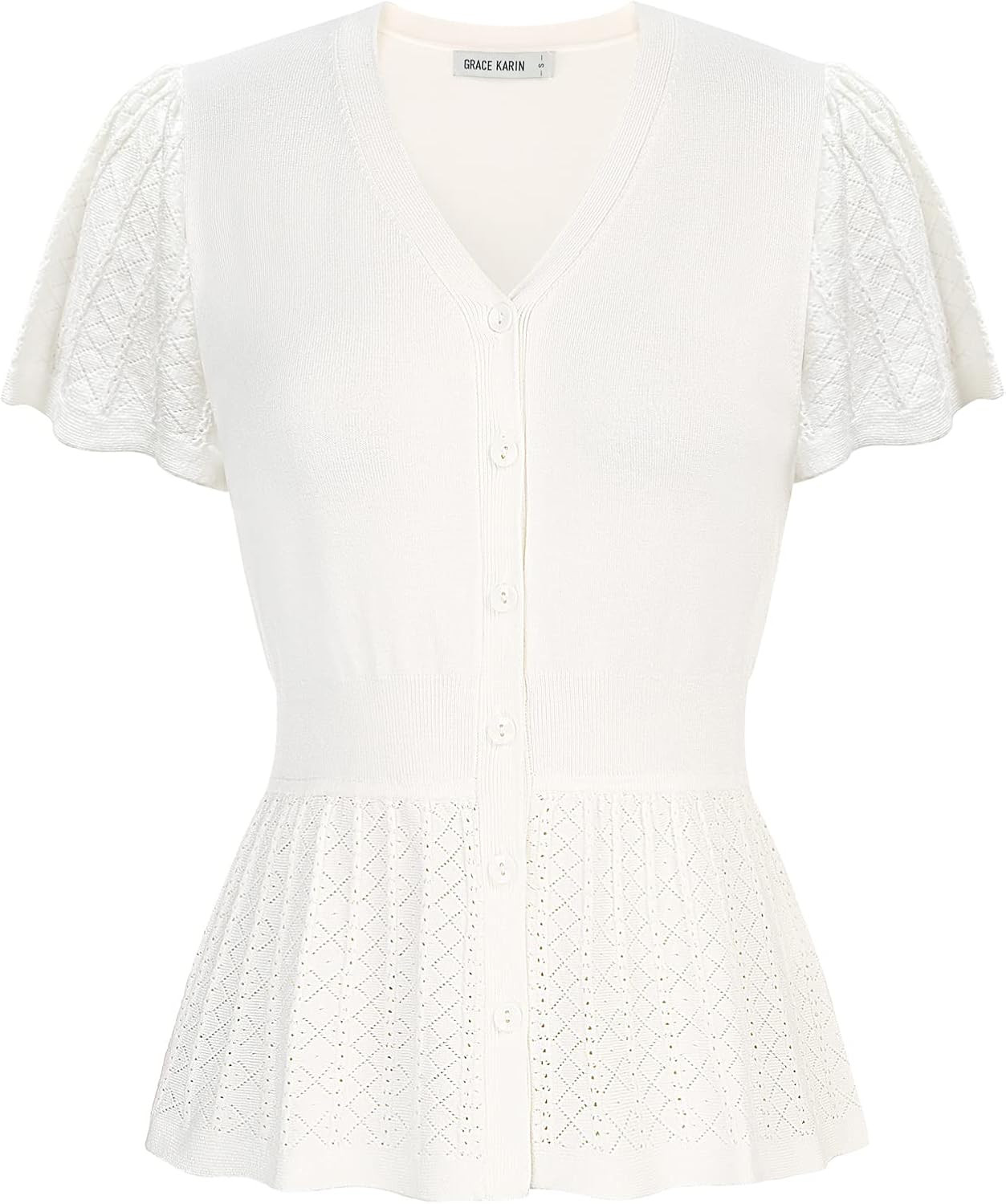 GRACE KARIN Women V-Neck Button Sweater Tops Ruffle Short Sleeve Lightweight Business Casual Shir... | Amazon (US)