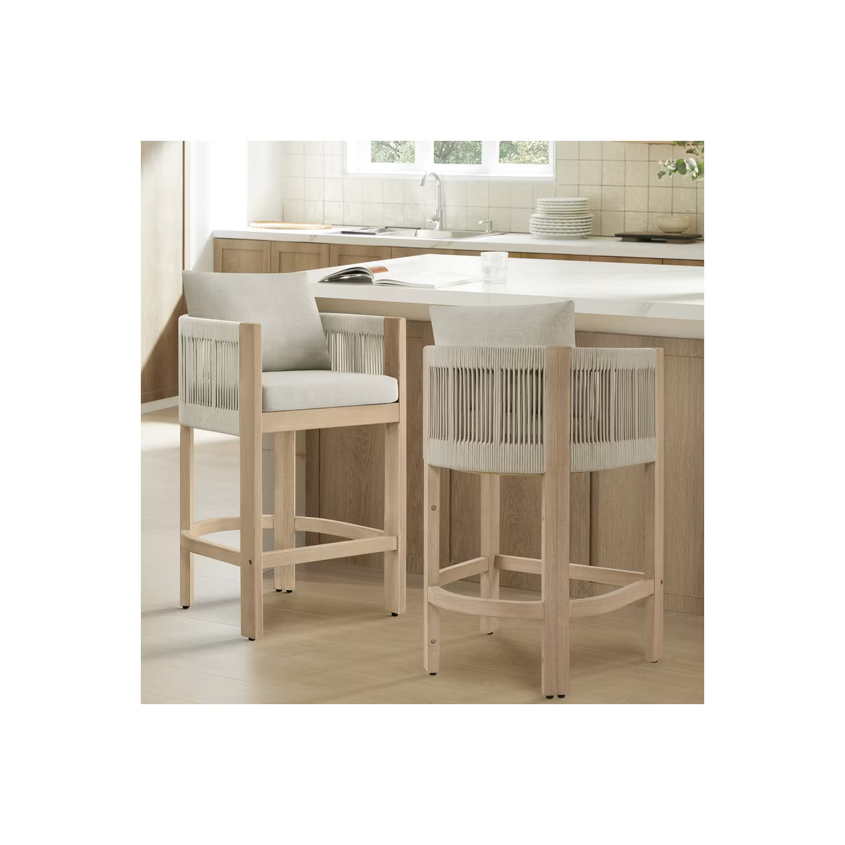 Spruce&Spring Modern Upholstered Acacia Wood Counter Barstool with Handwoven Rope Back for Indoor... | Target