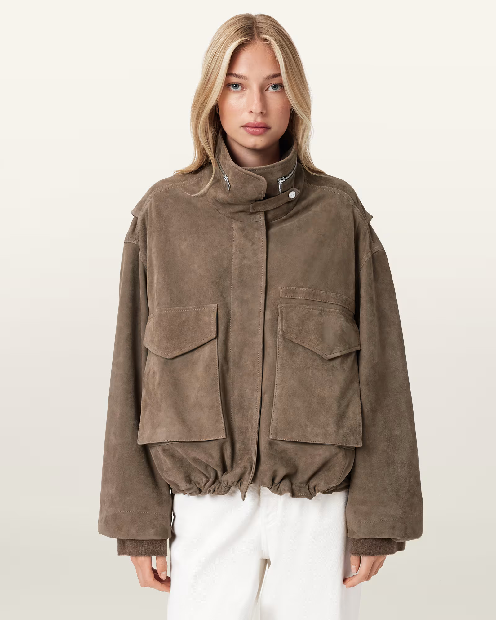 Clay Funnel Neck Suede Cropped Jacket WALNUT BROWN | ALLSAINTS | AllSaints UK