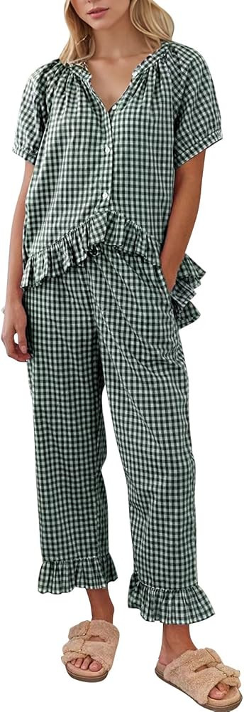 COZYPOIN Womens Gingham Pajama Set 2 Piece Plaid Cotton Pjs Cute Ruffle Sleepwear Maternity Bride... | Amazon (US)