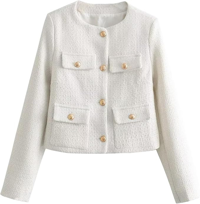 Xaspee Women's Cropped Tweed Jacket Collarless Long Sleeve Button Down Office Business Blazer Jac... | Amazon (US)