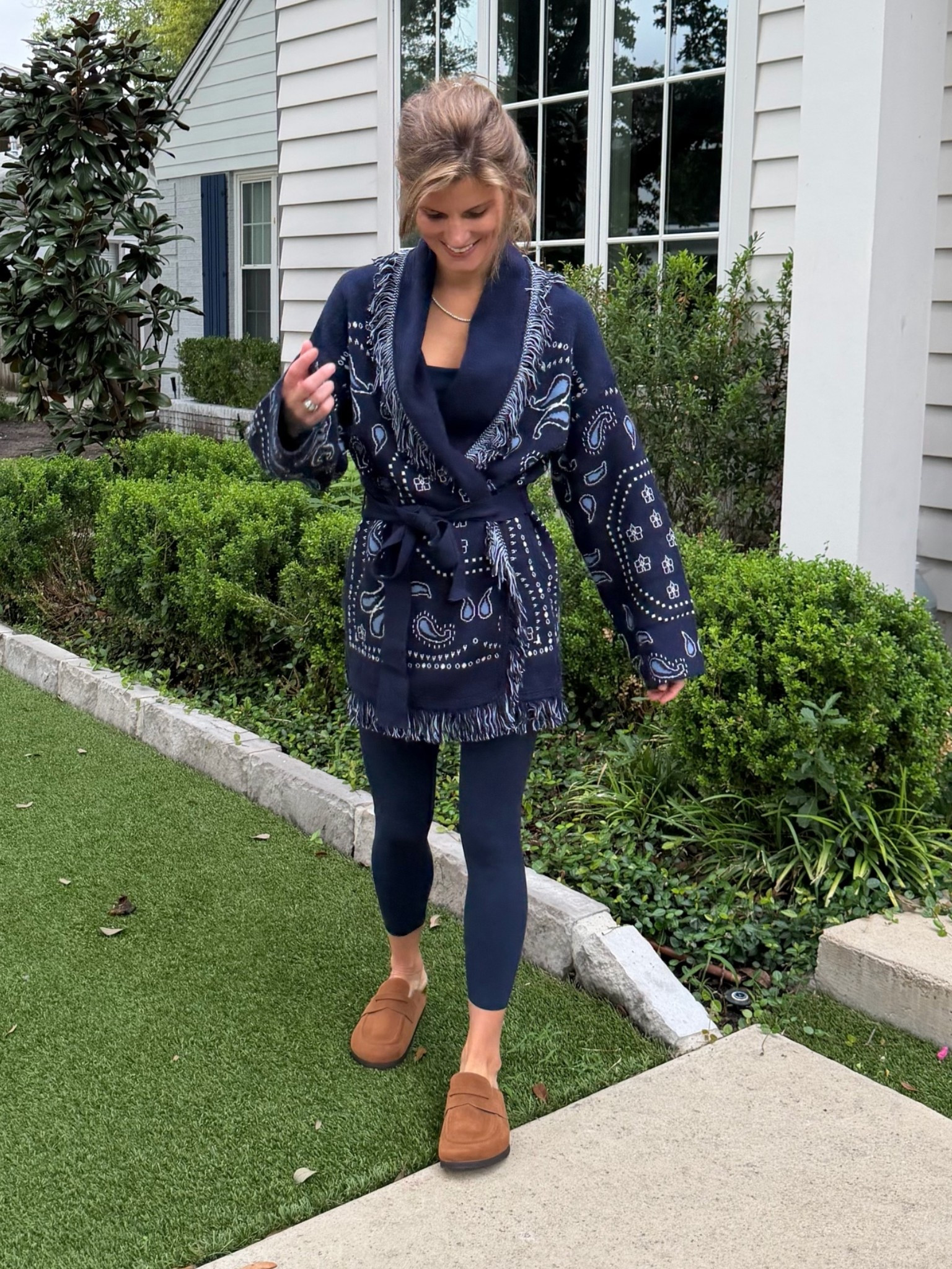Navy on navy with a cozy fringe cardigan layer. 

Spanx navy set · wearing XS.

Gap cardigan · wearing XS. currently on sale!

Fall outfit · matching set · navy set · lounge set · navy outfit · monochrome outfit · cardigan · mom outfit · travel outfit · errand outfit · comfy outfit · elevated casual